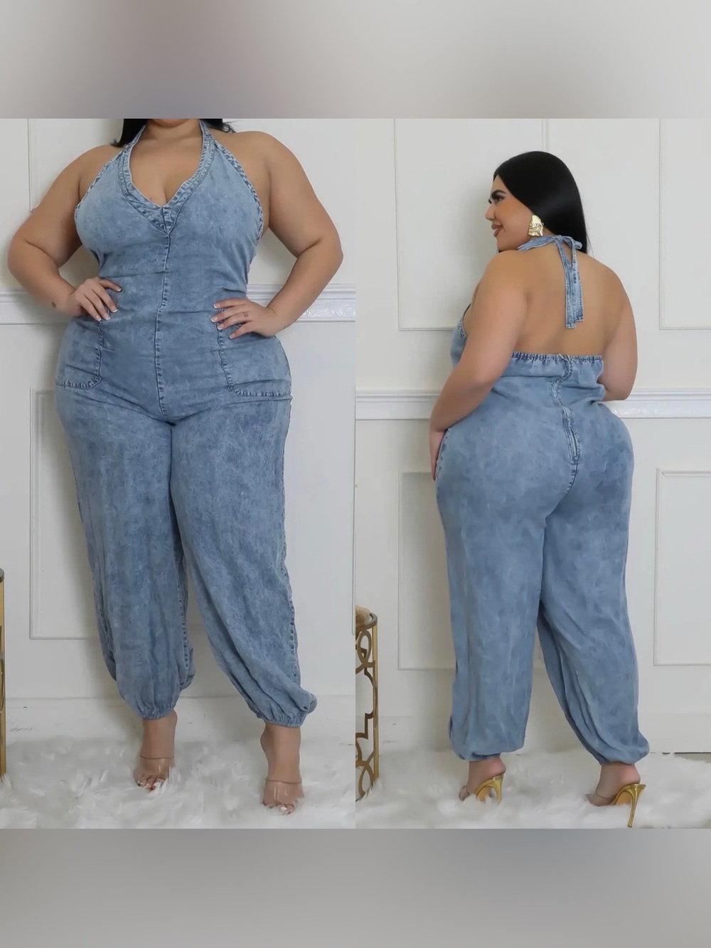 Plus Size Washed Denim Halter Jumpsuit - Light Blue
